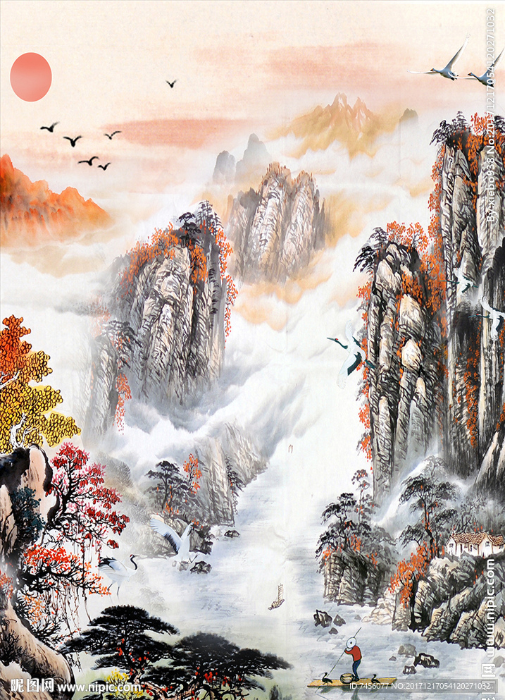 国画水墨山林中式玄关过道