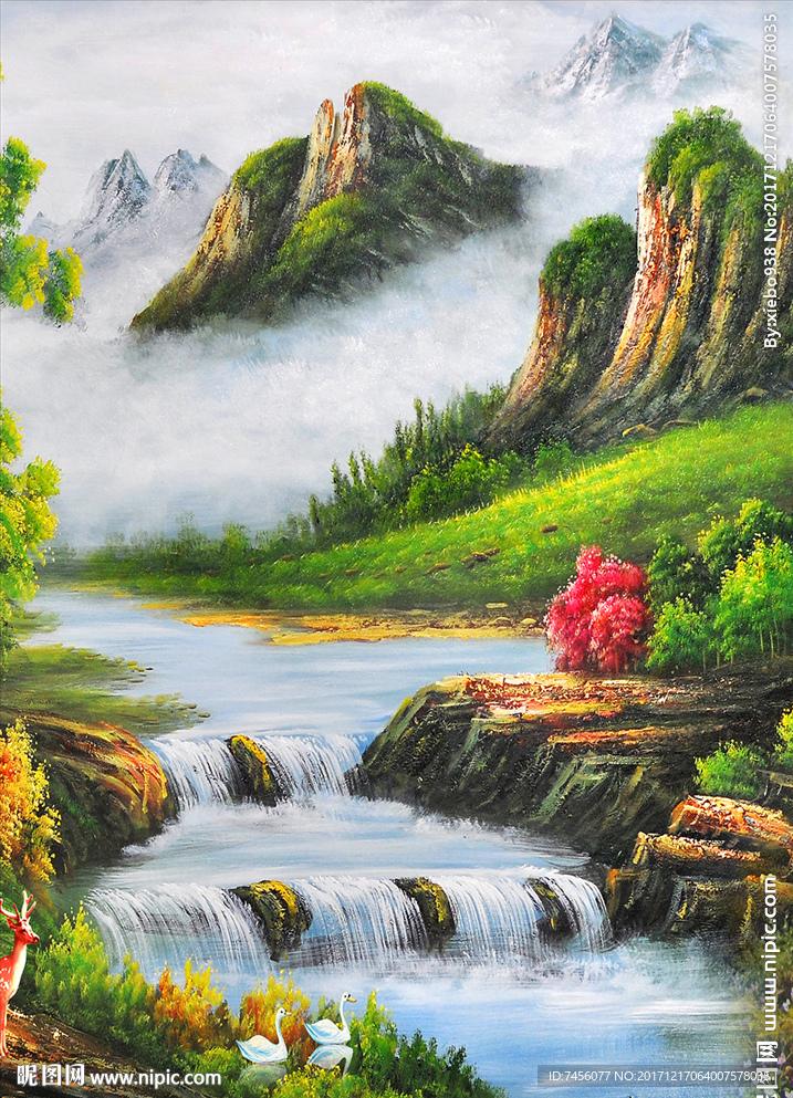 山涧流水高清水彩玄关过道