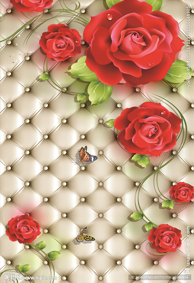 蝶恋红玫瑰花立体软包玄关过道