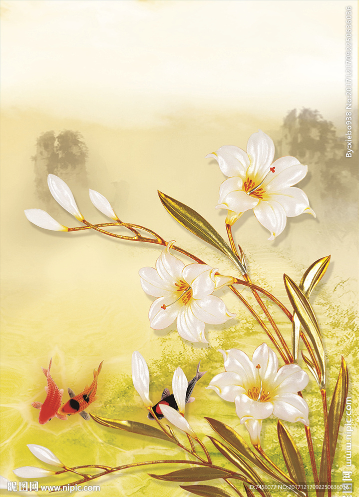 彩雕兰花游鱼中式玄关过道