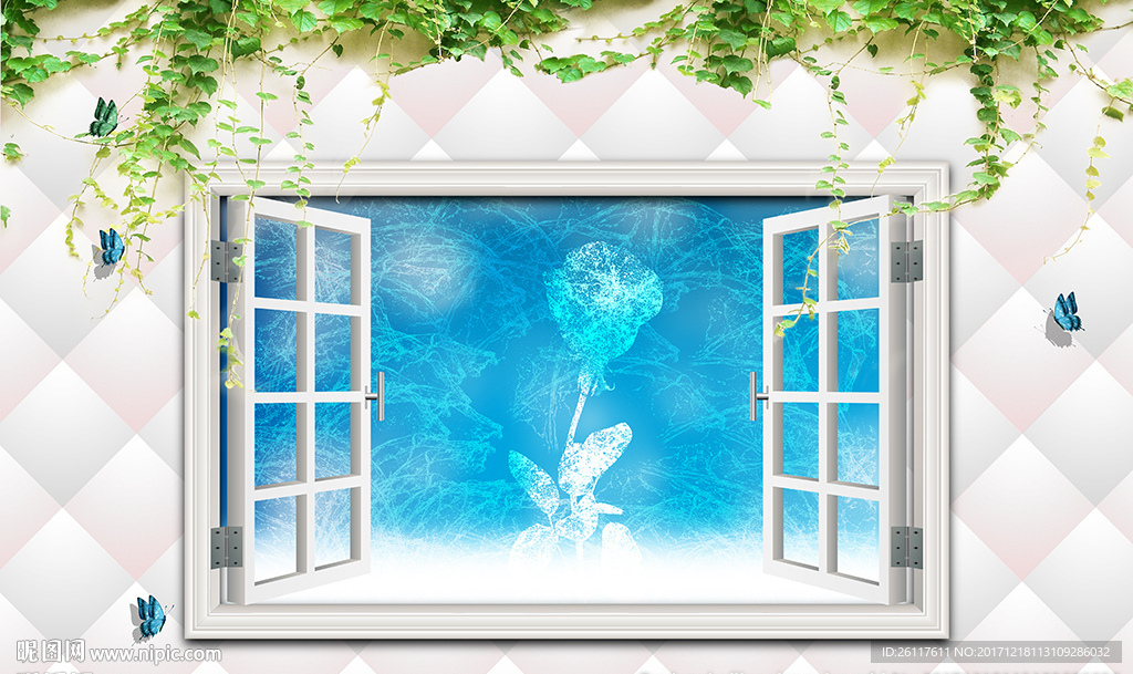 3D窗外梦幻玫瑰水渍电视背景墙