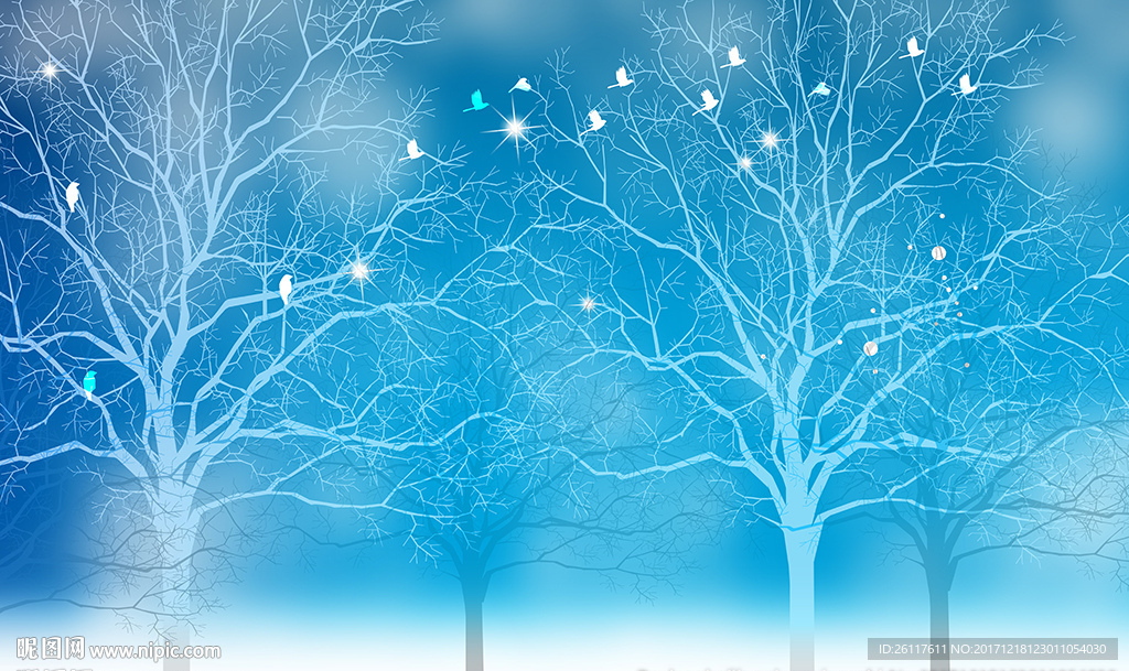 梦幻小树小鸟电视背景墙