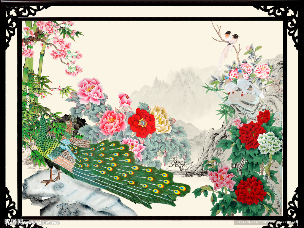 花开富贵孔雀图
