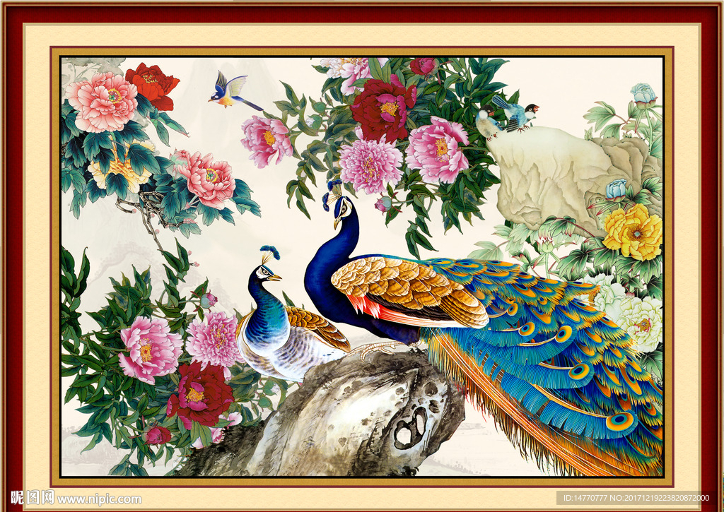 花开富贵孔雀图