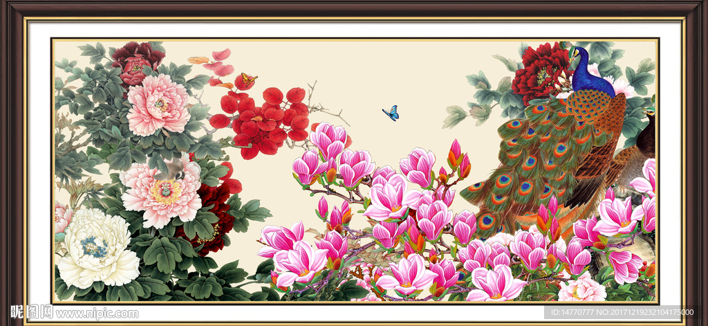花开富贵孔雀图