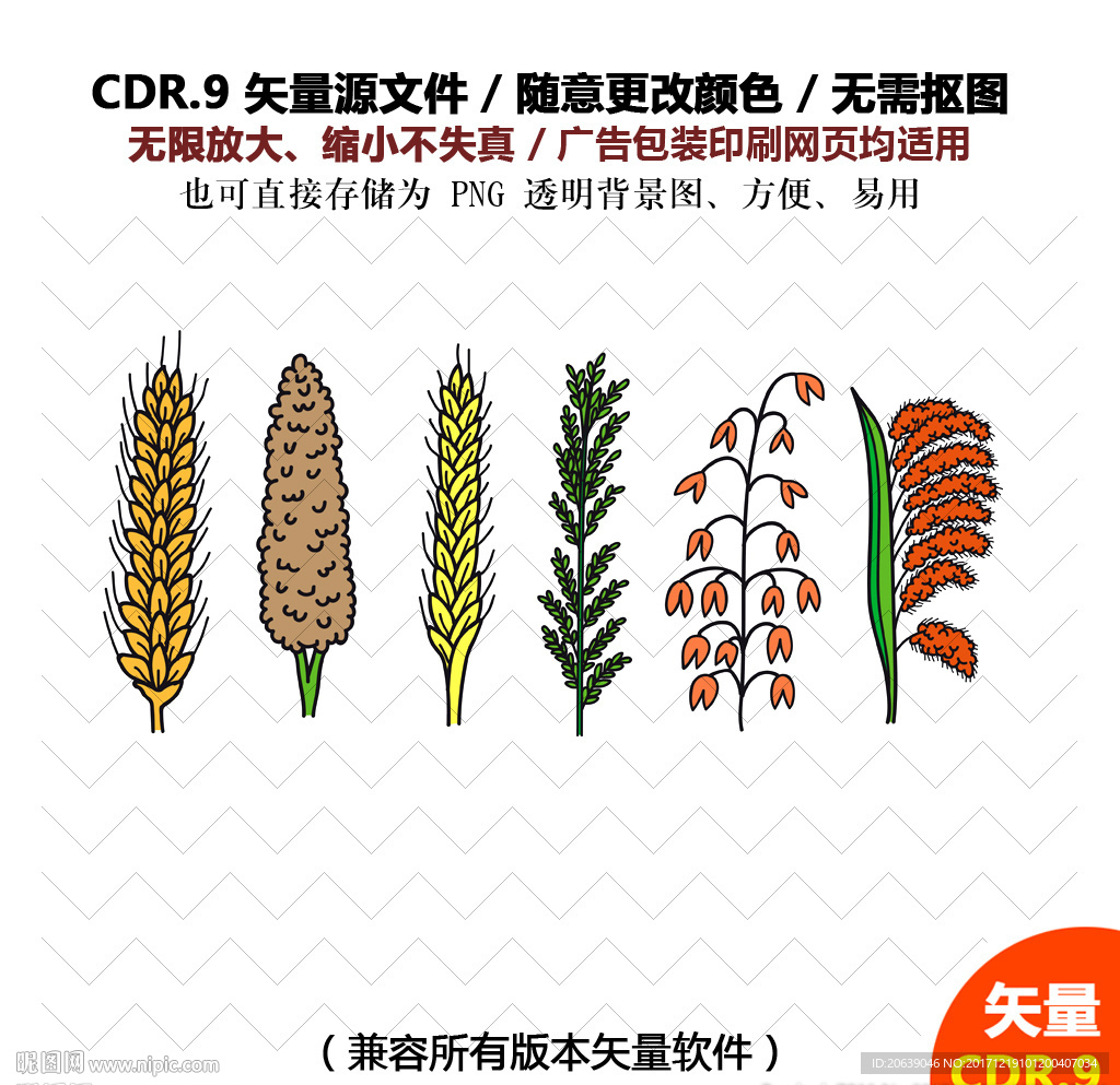 手绘农作物小麦高粱矢量图