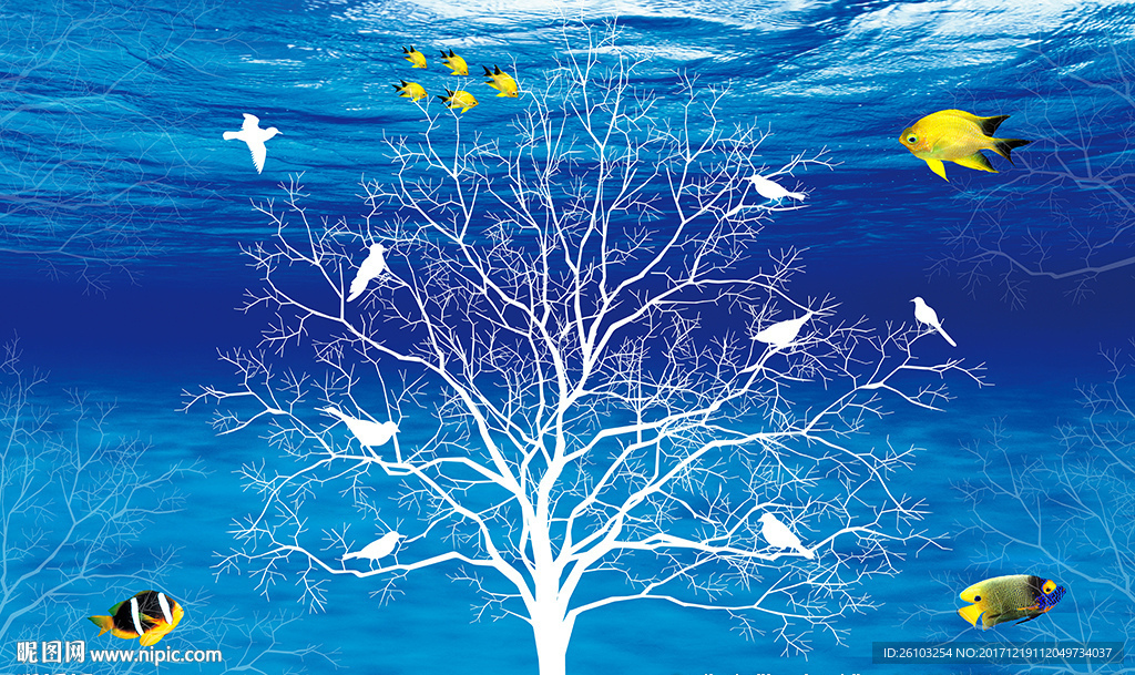 梦幻小树小鸟海底世界电视背景墙