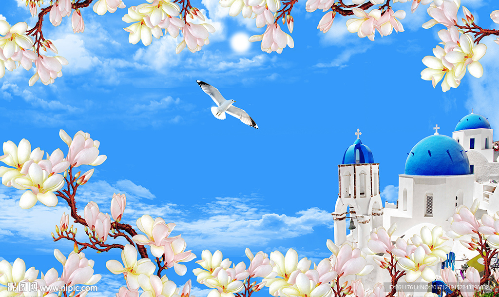 现代玉兰蓝天白云城堡电视背景墙