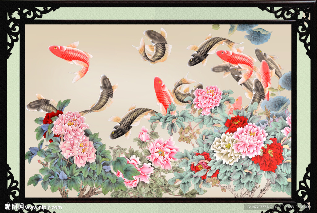 花开富贵九鱼图