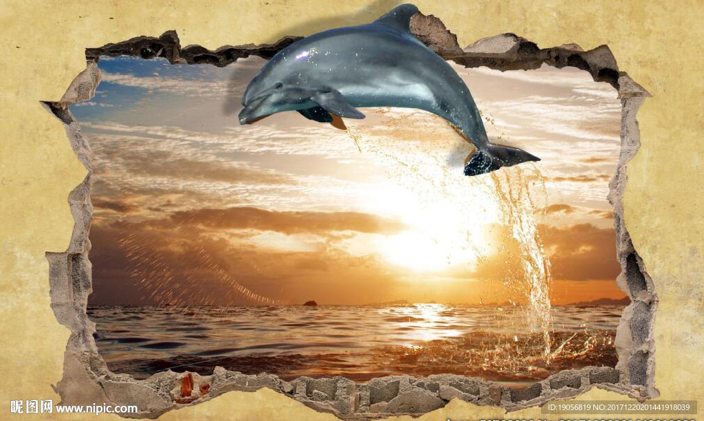 3d海豚跳跃背景墙壁画壁纸墙贴