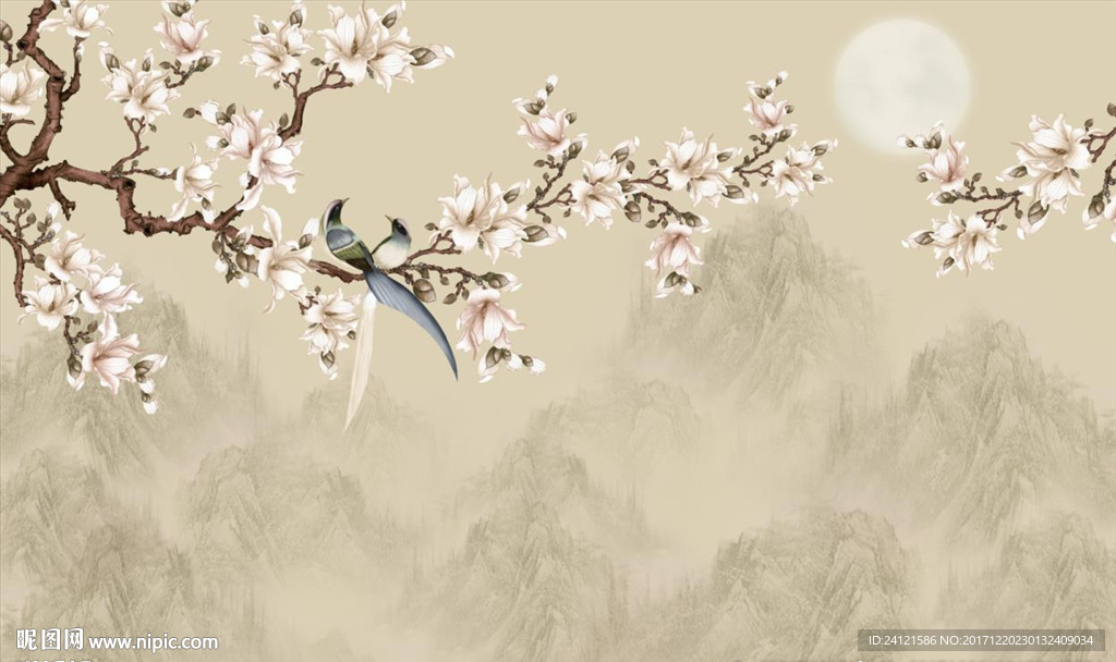 新中式手绘山水玉兰花背景墙