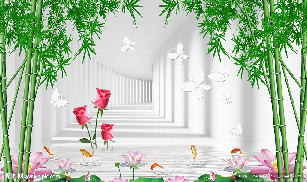 现代竹子荷花九鱼玫瑰电视背景墙