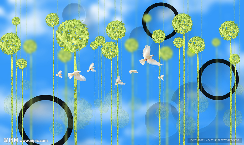 现代花卉简约圈圈鸽子电视背景墙