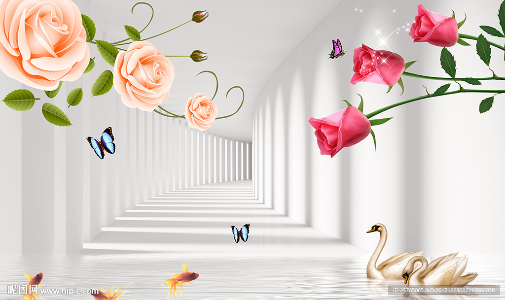 现代玫瑰天鹅3D空间电视背景墙