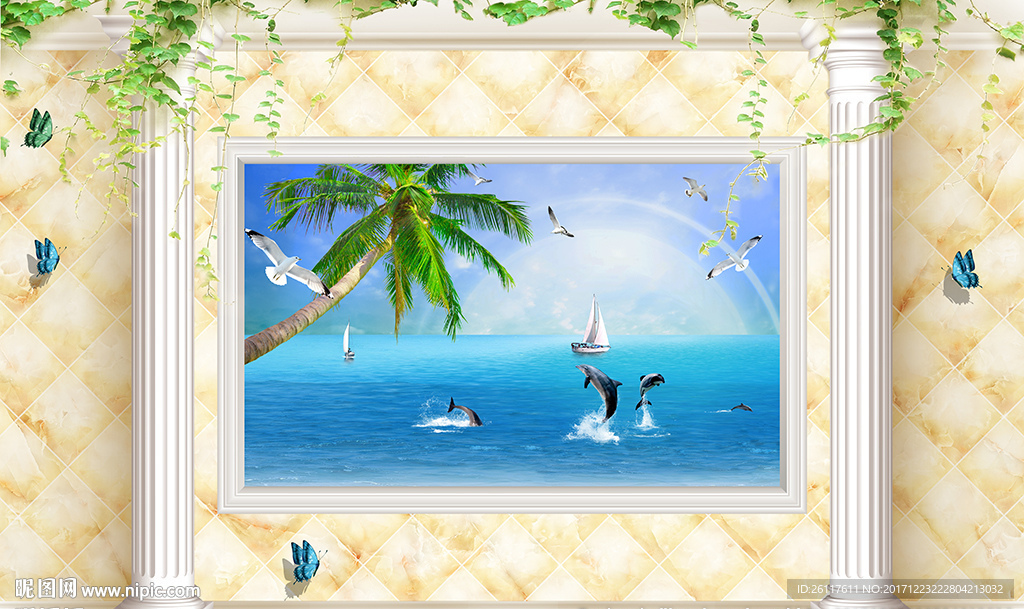 大海风景罗马柱软包花藤背景墙