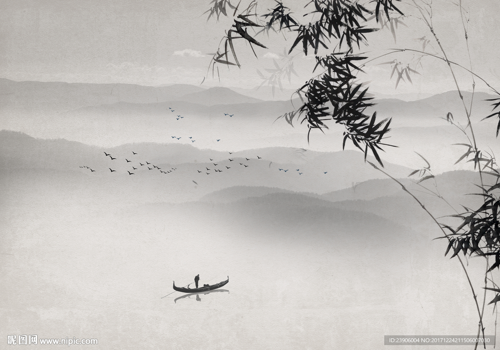 新中式山水手绘墨竹意境背景墙