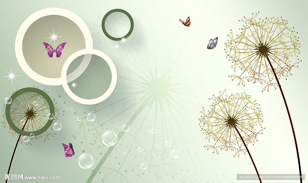 简约蒲公英圈圈蝴蝶电视背景墙