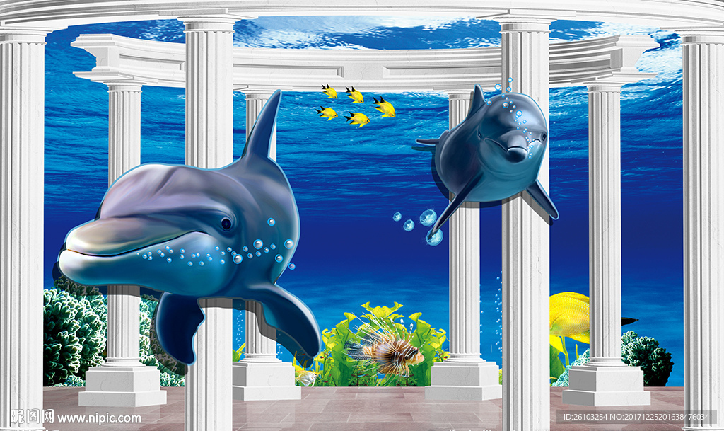 3D罗马柱海底世界电视背景墙