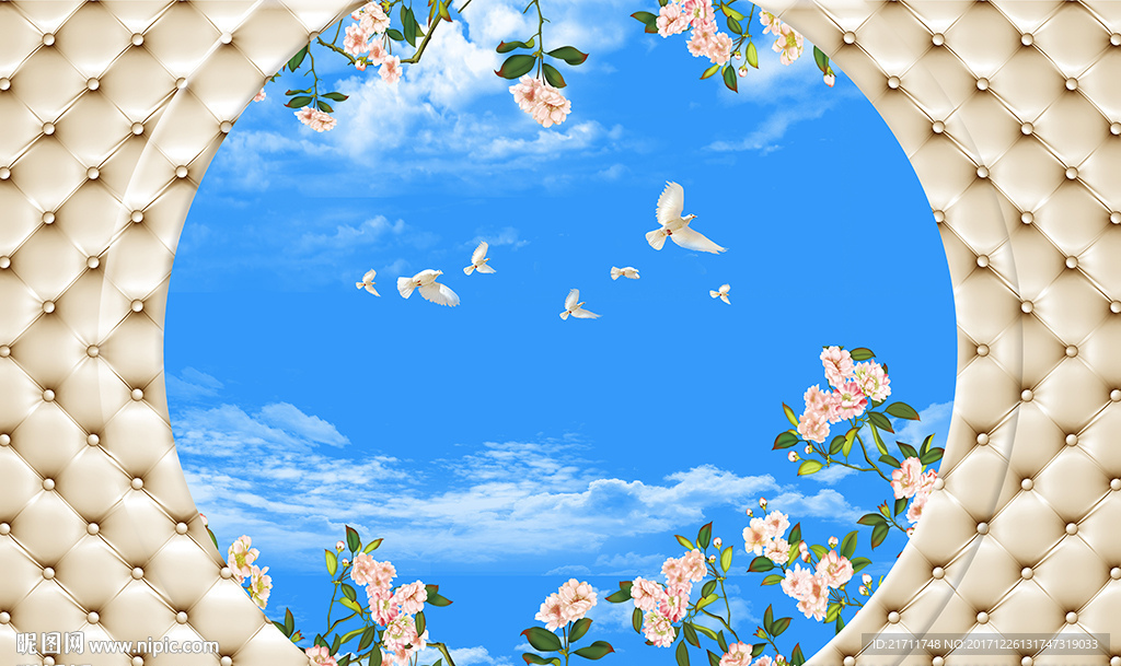 蓝天白云鸽子花卉软包电视背景墙