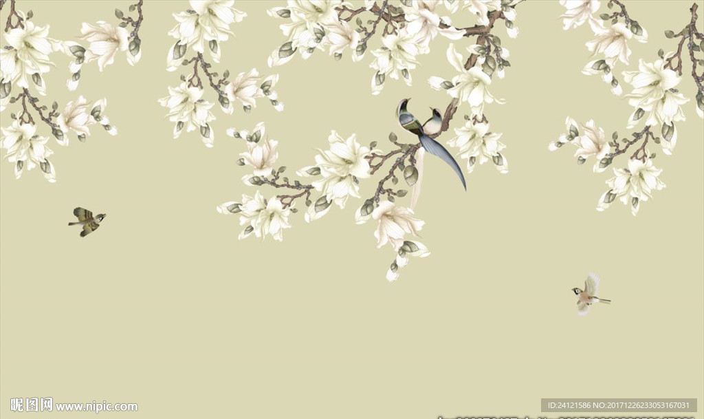 手绘玉兰花鸟