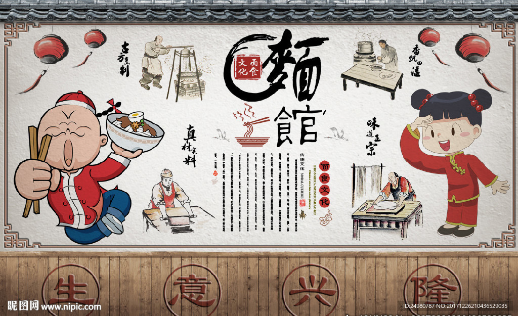 手绘卡通面食复古背景墙