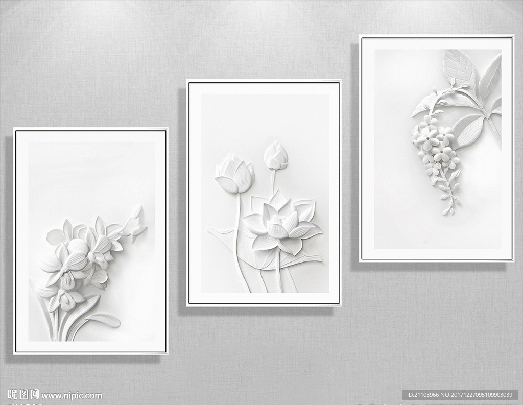 3D立体白色浮雕花卉装饰画