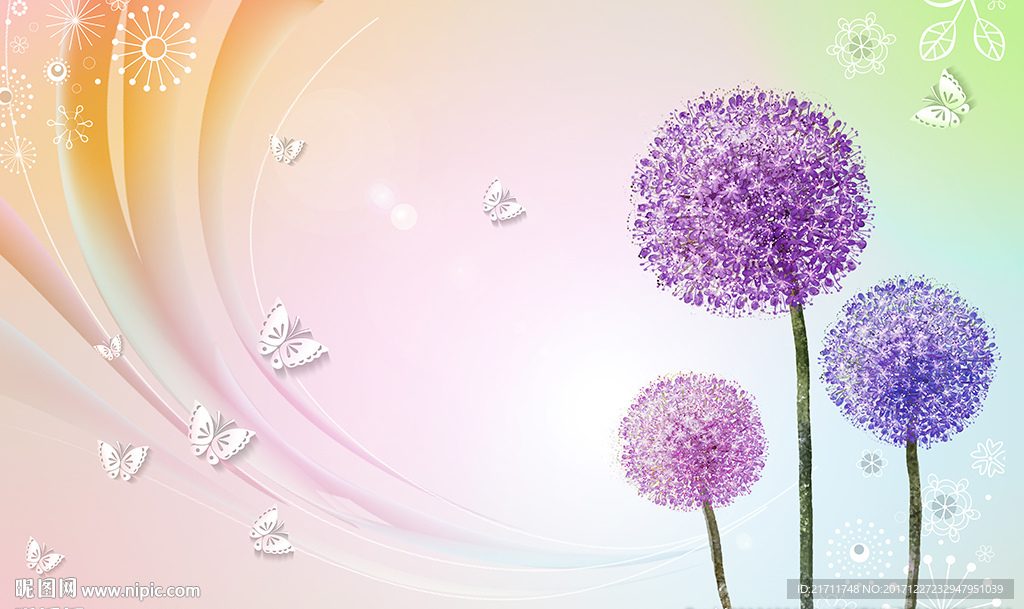 梦幻蒲公英简约蝴蝶电视背景墙