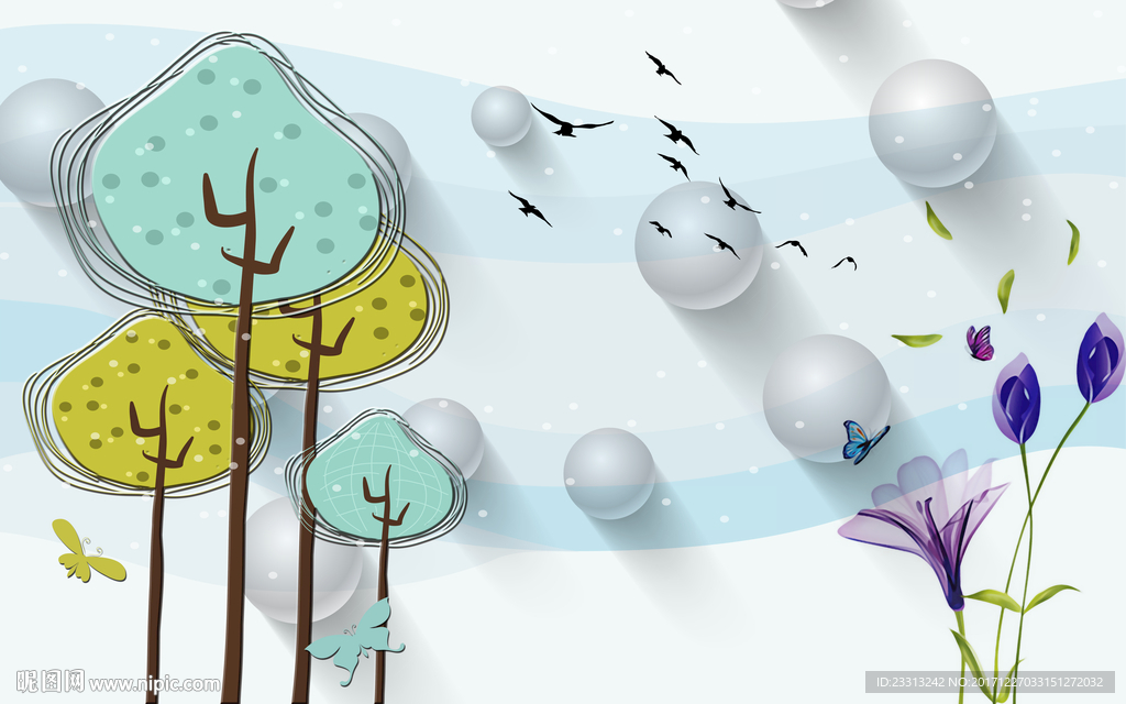 3D立体球简约手绘树飞鸟花朵