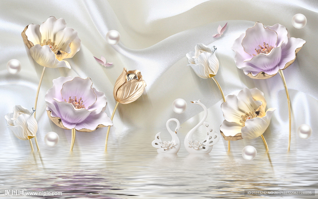 3D立体浮雕花朵珠宝鹅倒影背景