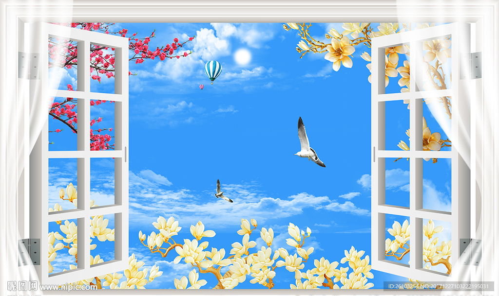 窗外蓝天白云花卉海鸥电视背景墙