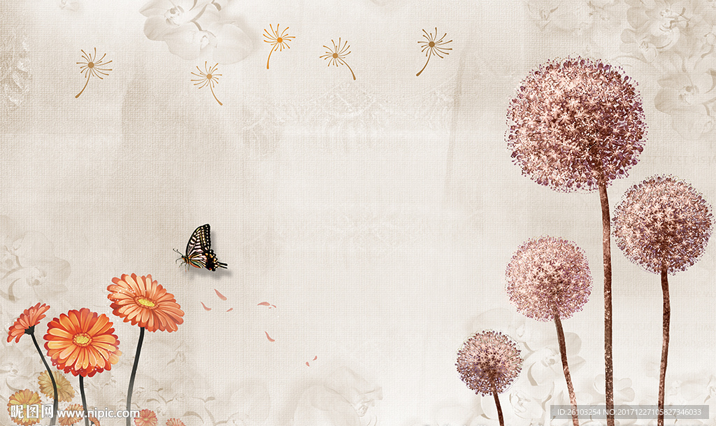 现代蒲公英花卉蝴蝶电视背景墙