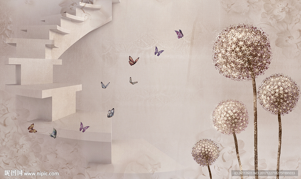 简约蒲公英蝴蝶楼梯电视背景墙