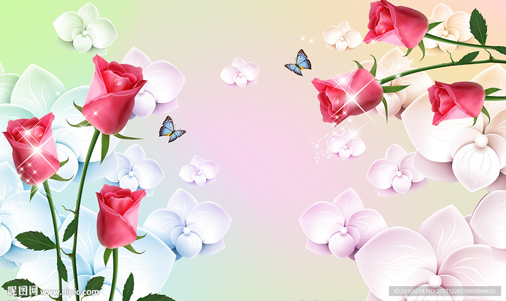 现代玫瑰蝴蝶花卉电视背景墙