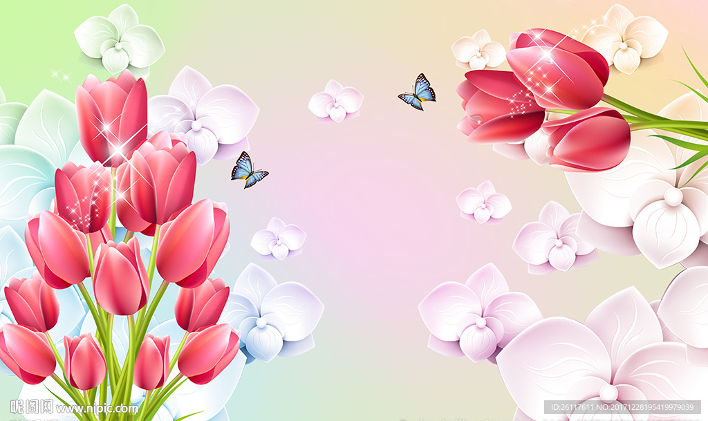 现代郁金香蝴蝶电视背景墙