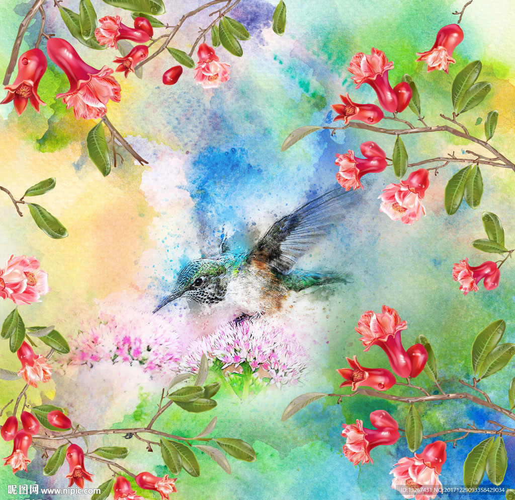 水彩花鸟边框底纹