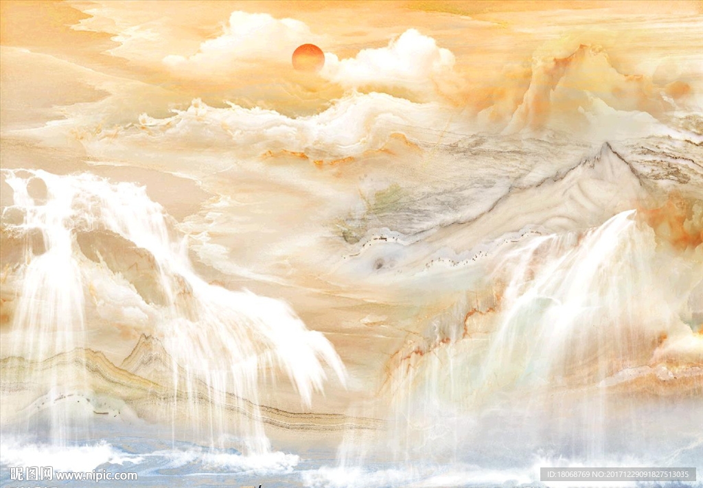 瀑布山水流水生财大理石纹罗马柱