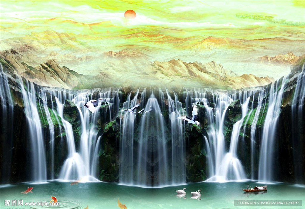 瀑布山水旭日东升背景墙素材