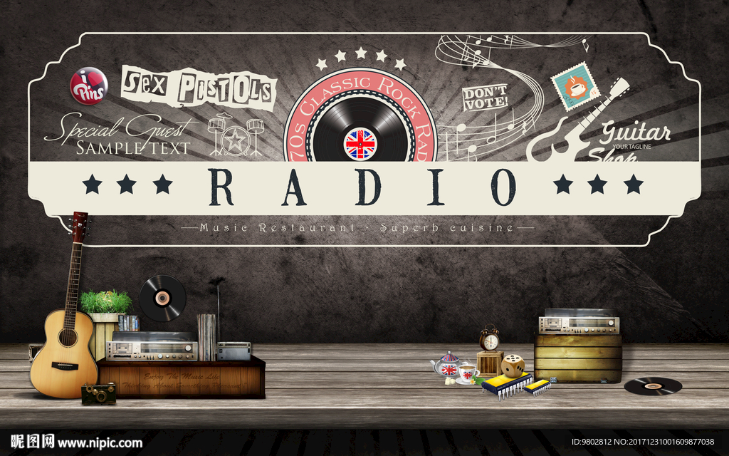 复古怀旧音乐主题餐厅酒吧背景墙