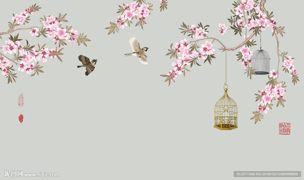 新中式迎春花鸟工笔画