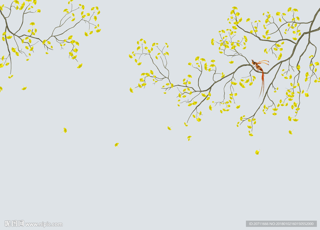 水彩手绘银杏花 新中式花鸟画