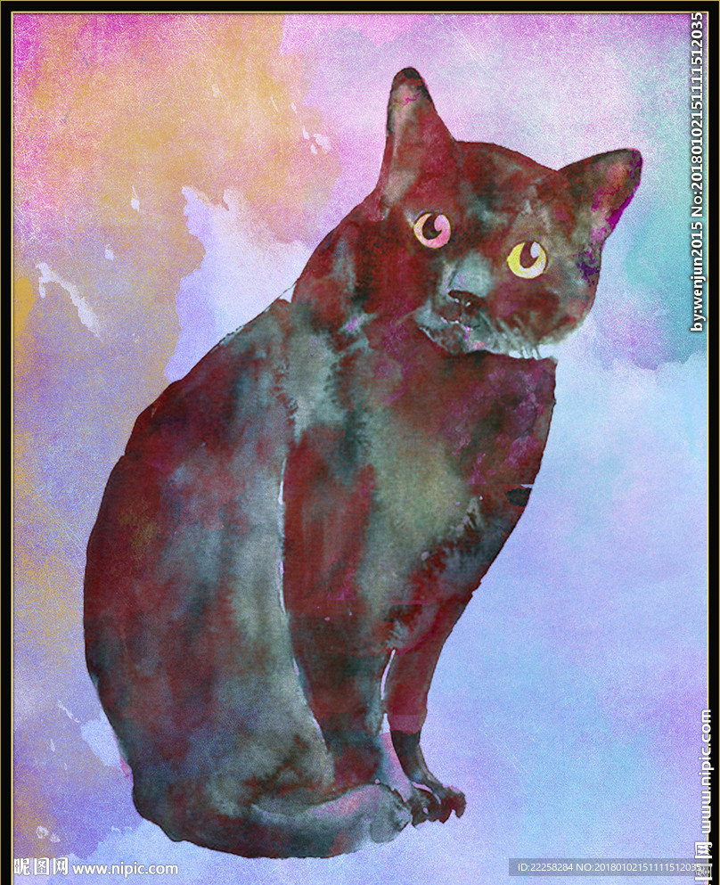 黑猫水彩画