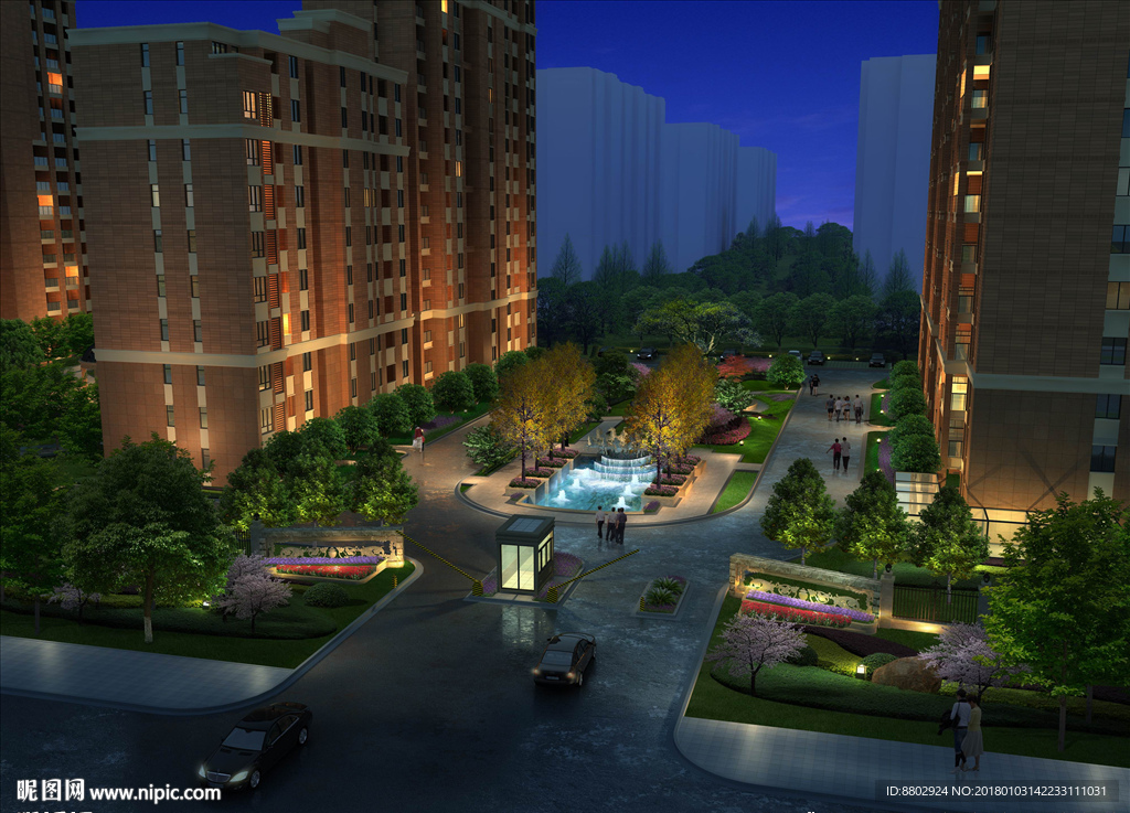 小区景观夜景鸟瞰效果图