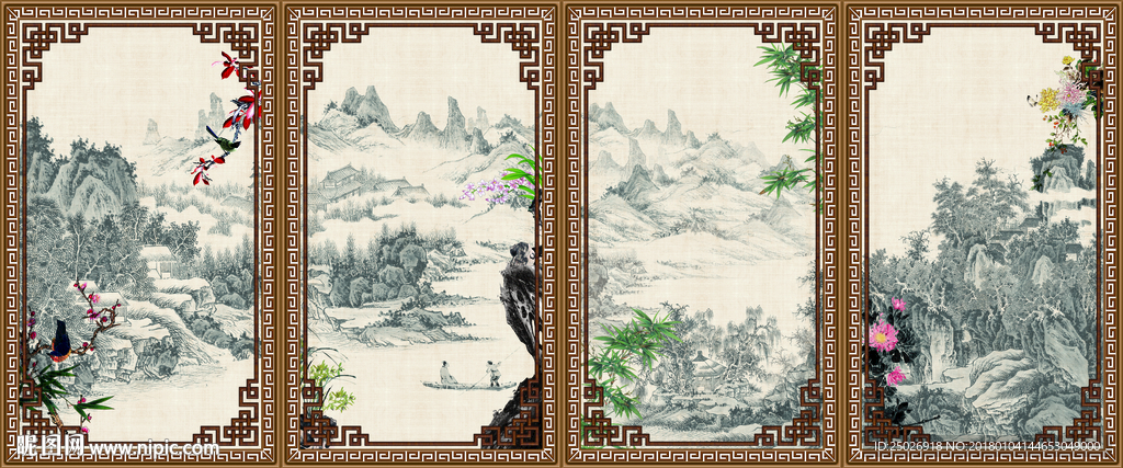 梅兰竹菊 水墨山水画