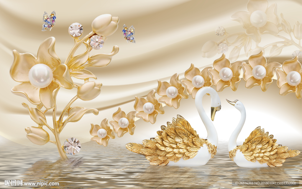 奢华金色花朵天鹅珠宝电视背景墙