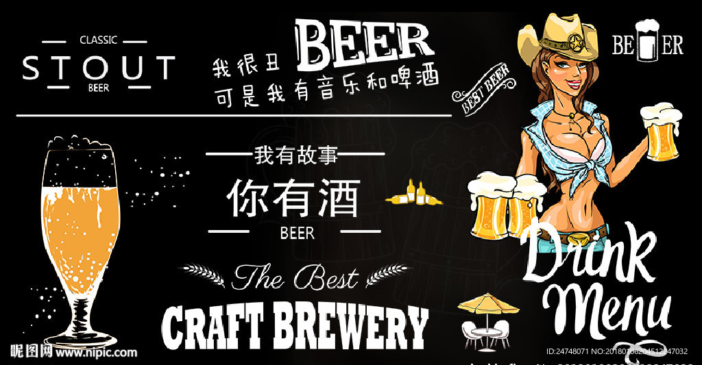 黑板粉笔手绘美女啤酒酒吧背景墙