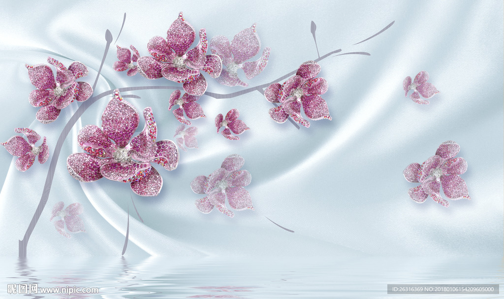 奢华钻石花朵丝绸水波倒影背景墙