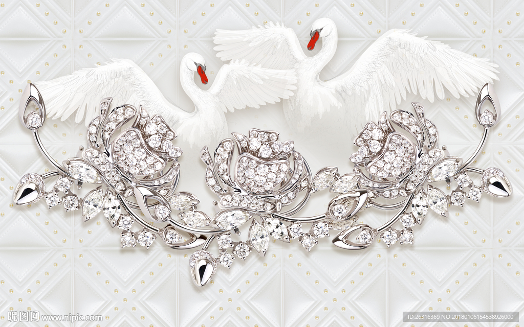 奢华优雅天鹅珠宝玫瑰软包背景墙