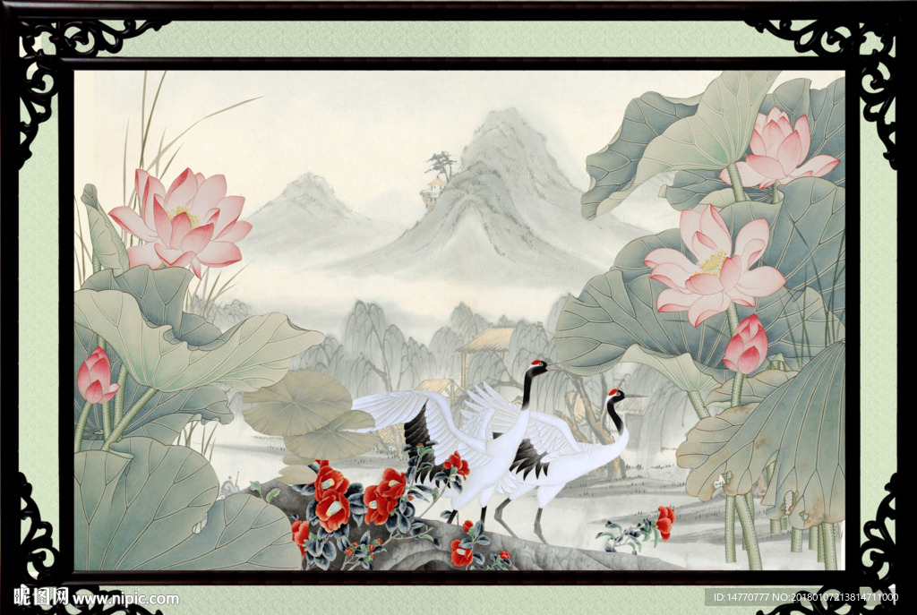 荷花仙鹤图