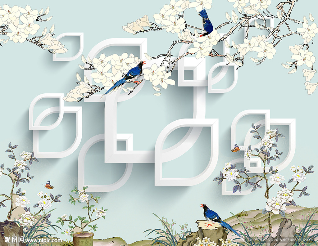 3d手绘花鸟电视背景墙