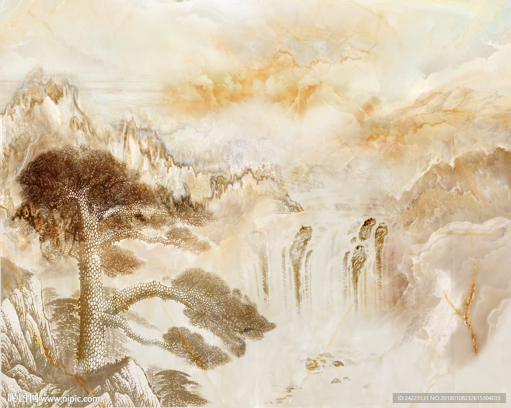 大理石纹山水迎客松大理石背景墙